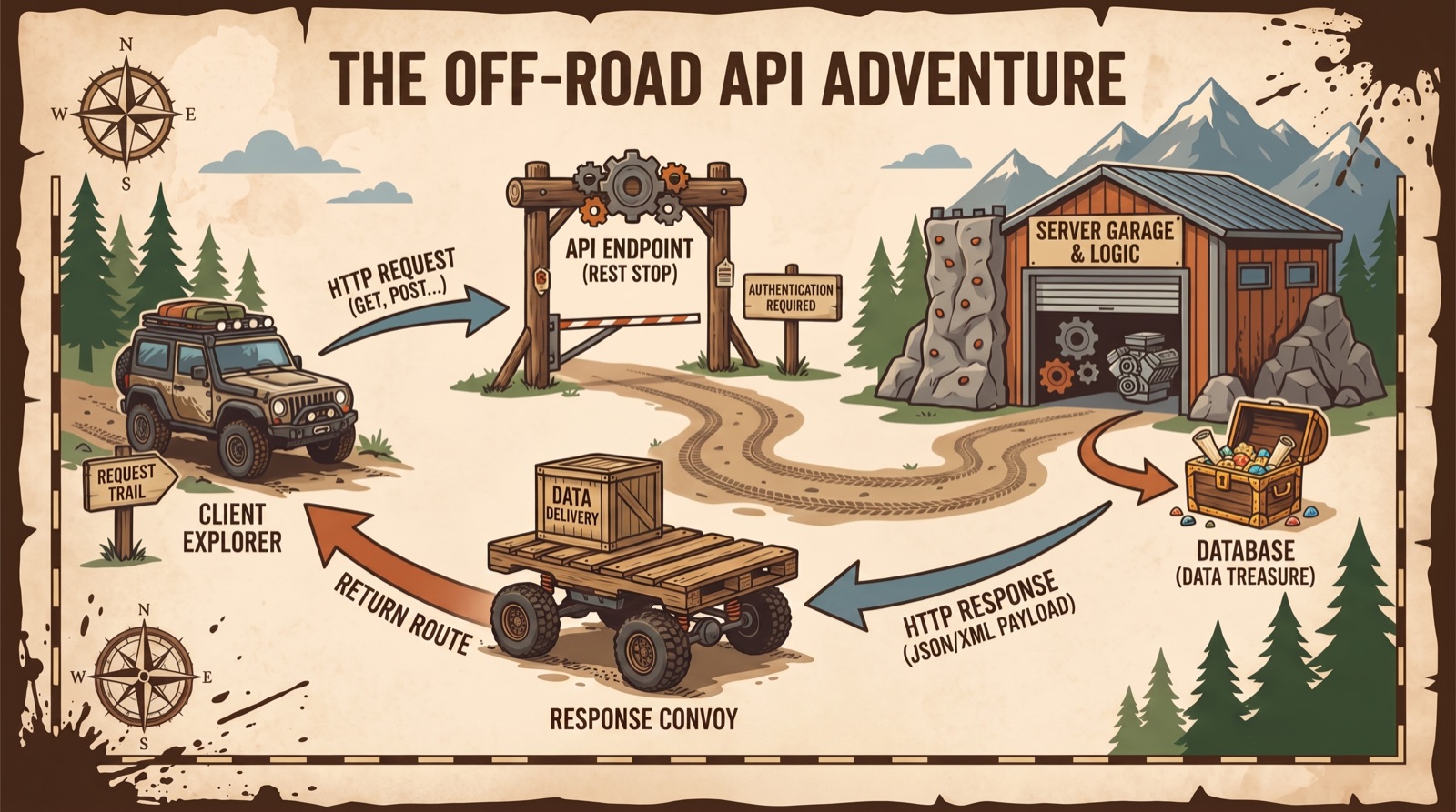 The off road API adventure: an illustrated map of how an app makes a request, passes through the API endpoint, and receives data back from TrailConvoy.